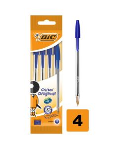 BIC CRISTAL ORIGINAL PACK OF 4 BLUE BALLPOINT PENS 1.0MM